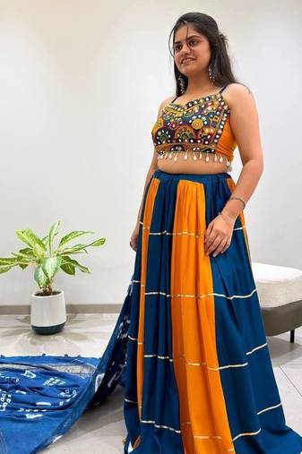 Mustard Embroidery work and Mirror Work Rayon Navratri Lahenga Choli Set