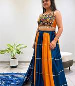 Mustard Embroidery work and Mirror Work Rayon Navratri Lahenga Choli Set