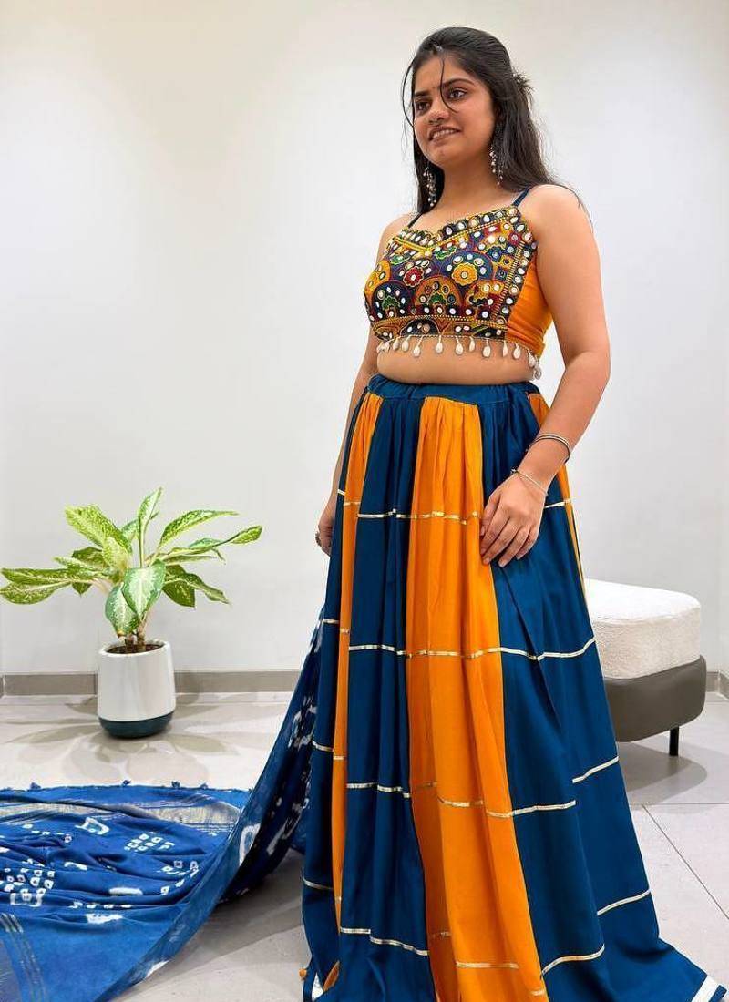 Mustard Embroidery work and Mirror Work Rayon Navratri Lahenga Choli Set