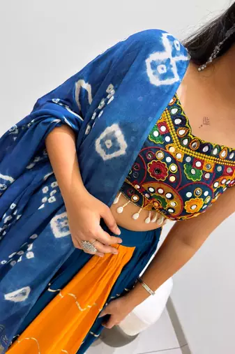 Mustard Embroidery work and Mirror Work Rayon Navratri Lahenga Choli Set