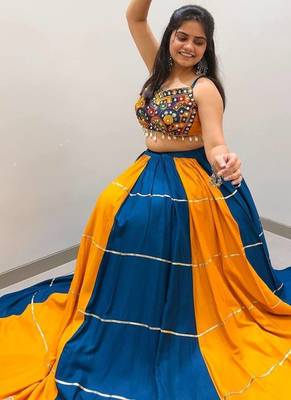 Mustard Embroidery work and Mirror Work Rayon Navratri Lahenga Choli Set 3