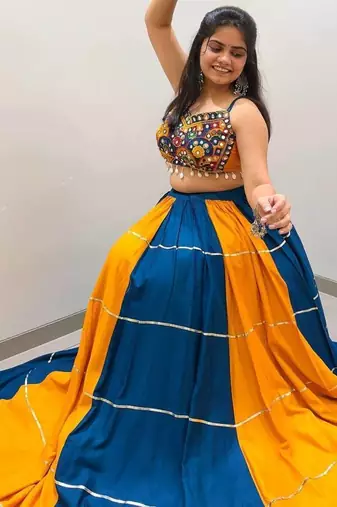 Mustard Embroidery work and Mirror Work Rayon Navratri Lahenga Choli Set