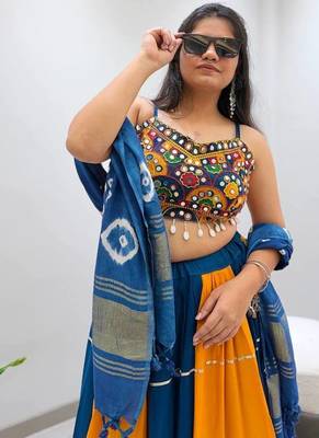 Mustard Embroidery work and Mirror Work Rayon Navratri Lahenga Choli Set 4