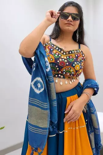 Mustard Embroidery work and Mirror Work Rayon Navratri Lahenga Choli Set