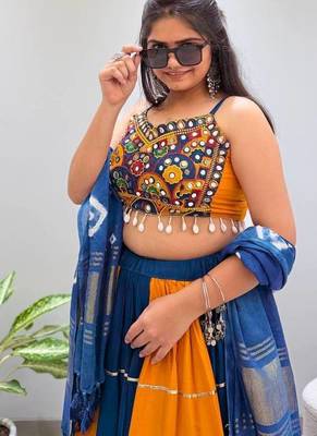 Mustard Embroidery work and Mirror Work Rayon Navratri Lahenga Choli Set 5