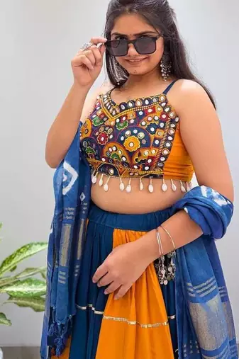 Mustard Embroidery work and Mirror Work Rayon Navratri Lahenga Choli Set
