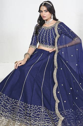 Navy Blue Art Silk Embroidered Lehenga Choli