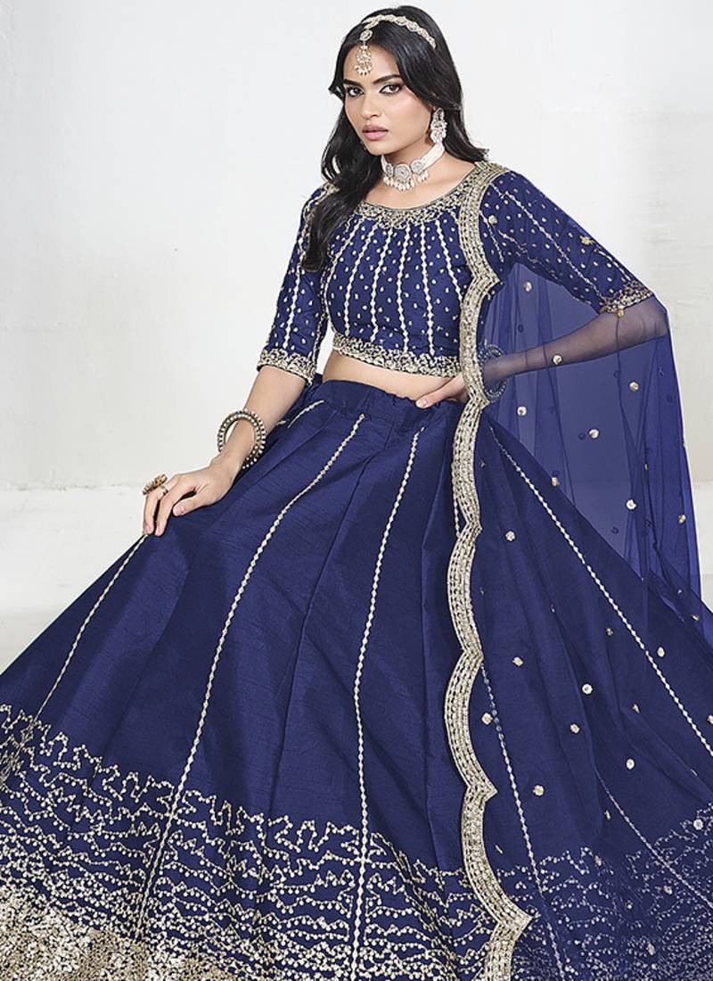 Navy Blue Art Silk Embroidered Lehenga Choli