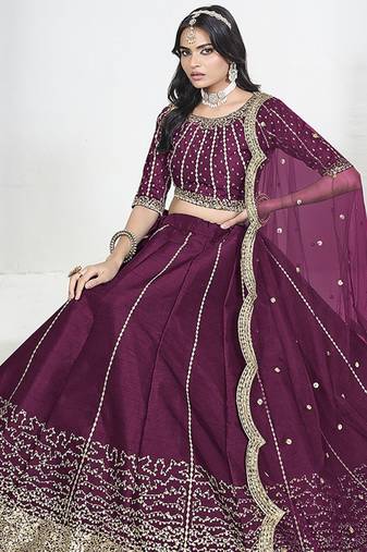 Wine Art Silk Embroidered Lehenga Choli