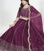 Wine Art Silk Embroidered Lehenga Choli