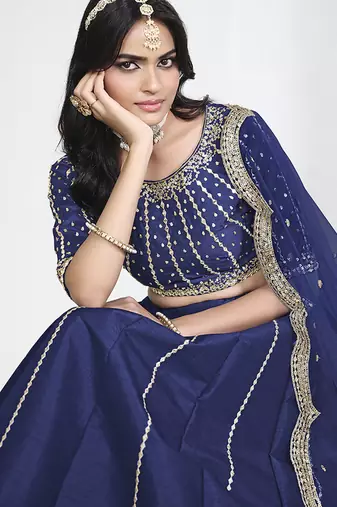 Navy Blue Art Silk Embroidered Lehenga Choli