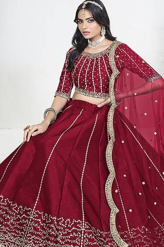 Red Art Silk Embroidered Lehenga Choli