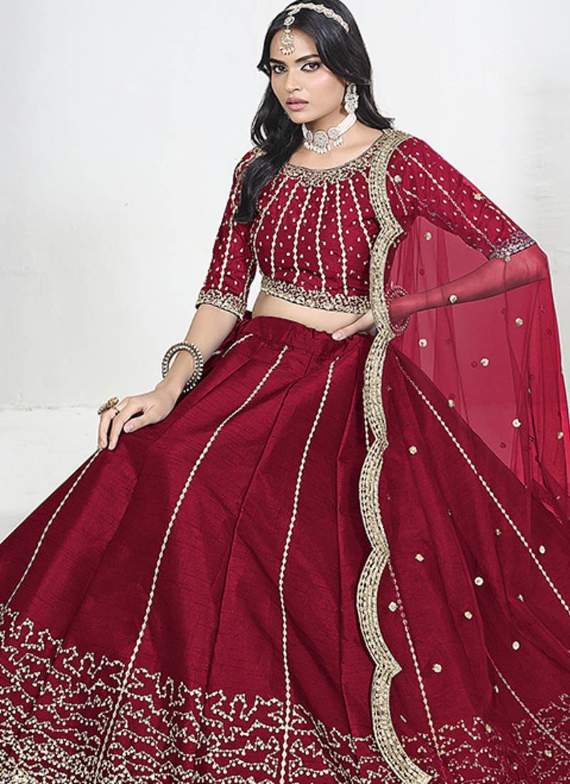 Red Art Silk Embroidered Lehenga Choli