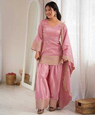 Dusty pink roman  silk  embroidery party wear sharara suit set 2