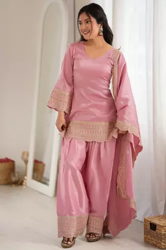 Dusty pink roman  silk  embroidery party wear sharara suit set