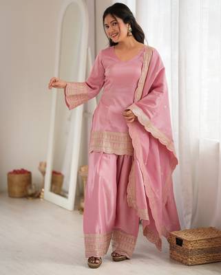 Dusty pink roman  silk  embroidery party wear sharara suit set 4