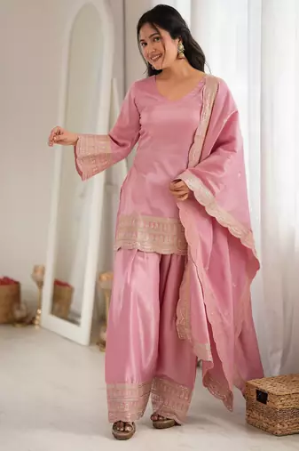 Dusty pink roman  silk  embroidery party wear sharara suit set