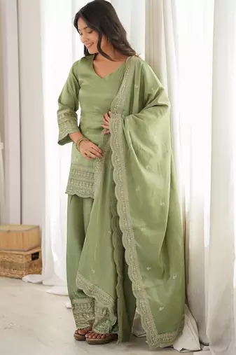 Pista  roman  silk embroidery party wear sharara suit set