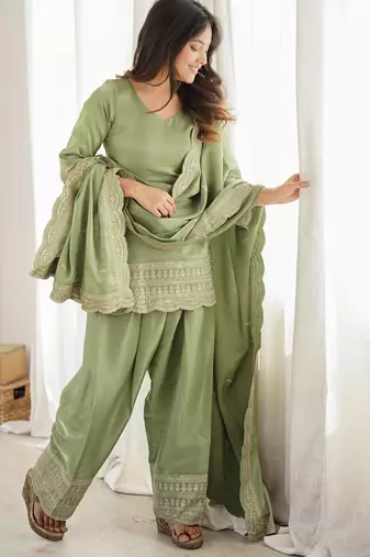 Pista  roman  silk embroidery party wear sharara suit set