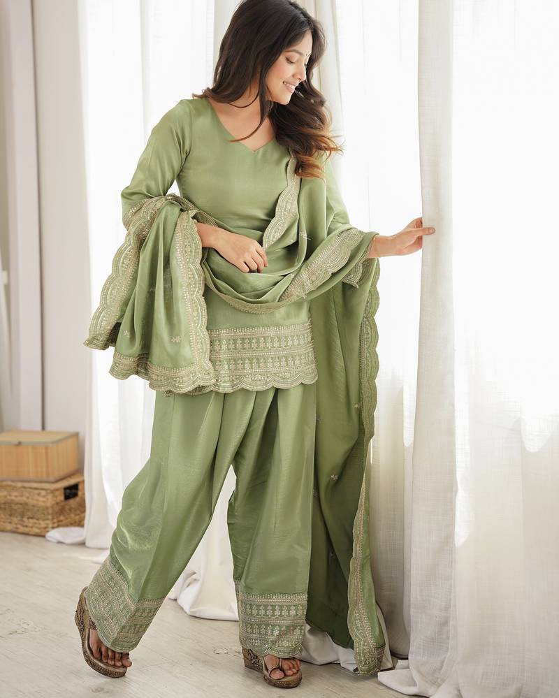 Pista  roman  silk embroidery party wear sharara suit set