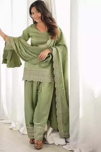 Pista  roman  silk embroidery party wear sharara suit set