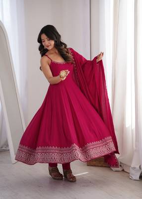 Pink   roman  silk embroidery party wear anarkali  suit set 1