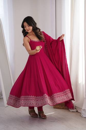 Pink   roman  silk embroidery party wear anarkali  suit set