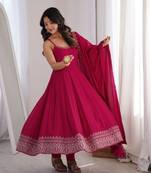 Pink   roman  silk embroidery party wear anarkali  suit set