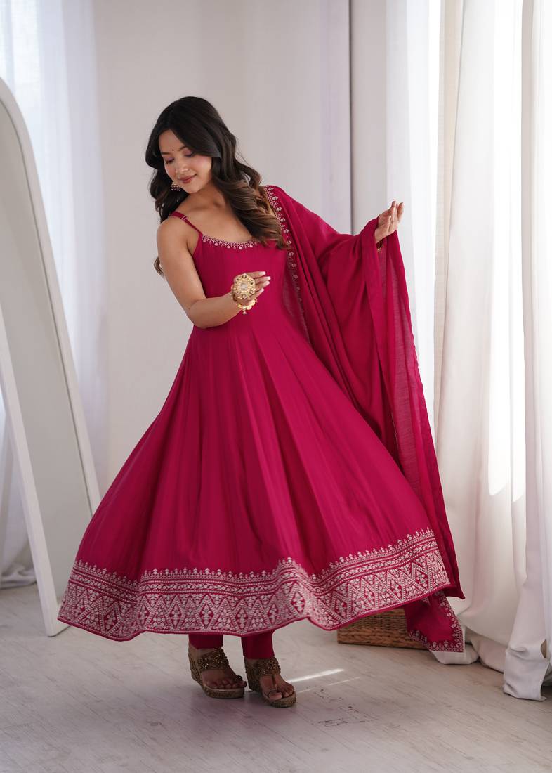 Pink   roman  silk embroidery party wear anarkali  suit set