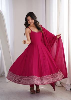 Pink   roman  silk embroidery party wear anarkali  suit set 2