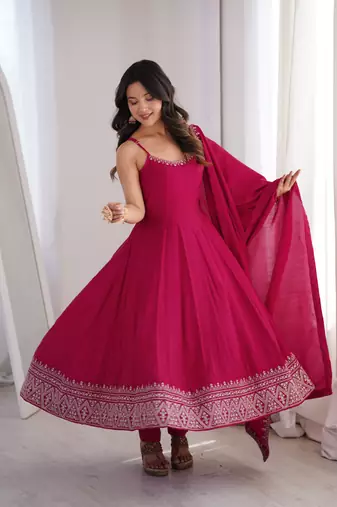 Pink   roman  silk embroidery party wear anarkali  suit set