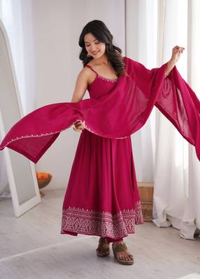 Pink   roman  silk embroidery party wear anarkali  suit set 3
