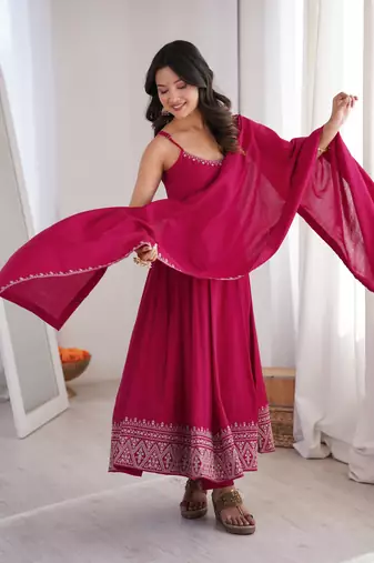 Pink   roman  silk embroidery party wear anarkali  suit set