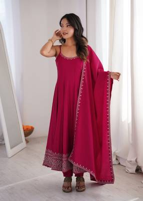 Pink   roman  silk embroidery party wear anarkali  suit set 4