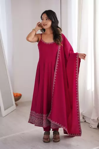 Pink   roman  silk embroidery party wear anarkali  suit set