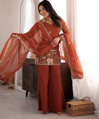 Rust crunshy silk  embroidery party wear sharara suit set 1