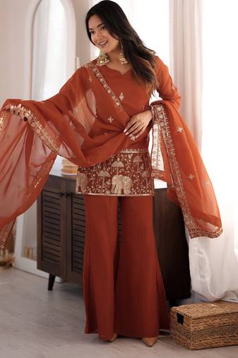 Rust crunshy silk  embroidery party wear sharara suit set