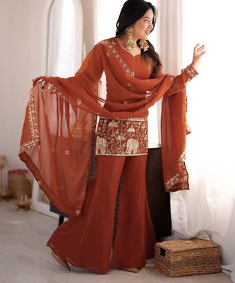 Rust crunshy silk  embroidery party wear sharara suit set 3