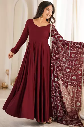Maroon roman silk embroidery party wear anarkali  suit set