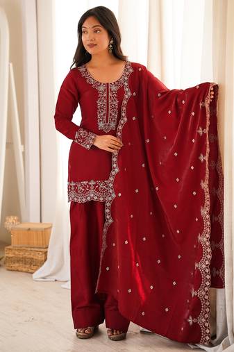 Dark maroon roman silk embroidery party wear sharara  suit set