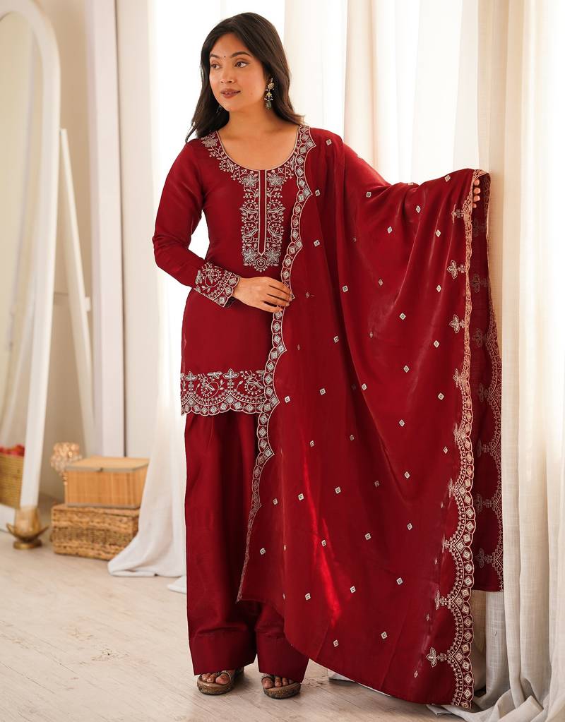 Dark maroon roman silk embroidery party wear sharara  suit set
