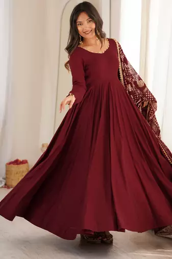Maroon roman silk embroidery party wear anarkali  suit set