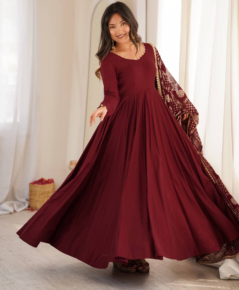 Maroon roman silk embroidery party wear anarkali  suit set