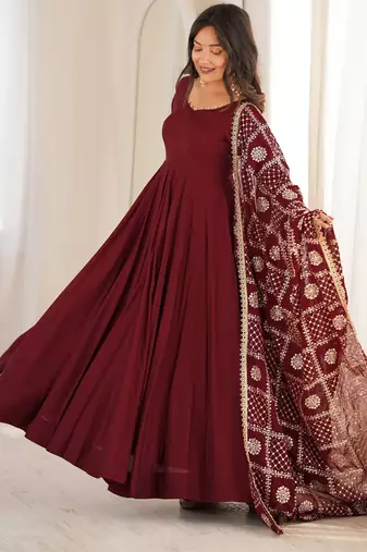 Maroon roman silk embroidery party wear anarkali  suit set