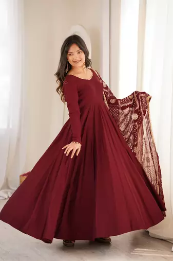 Maroon roman silk embroidery party wear anarkali  suit set