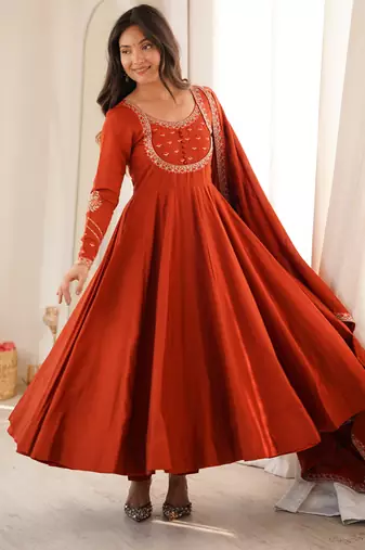 Orange roman silk embroidery party wear anarkali  suit set