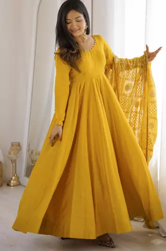 Yellow  roman silk embroidery party wear anarkali  suit set