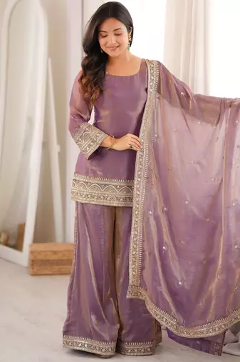 Purple chanderi silk embroidery party wear sharara suit set