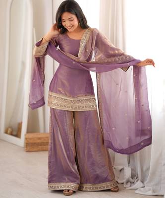 Purple chanderi silk embroidery party wear sharara suit set 3