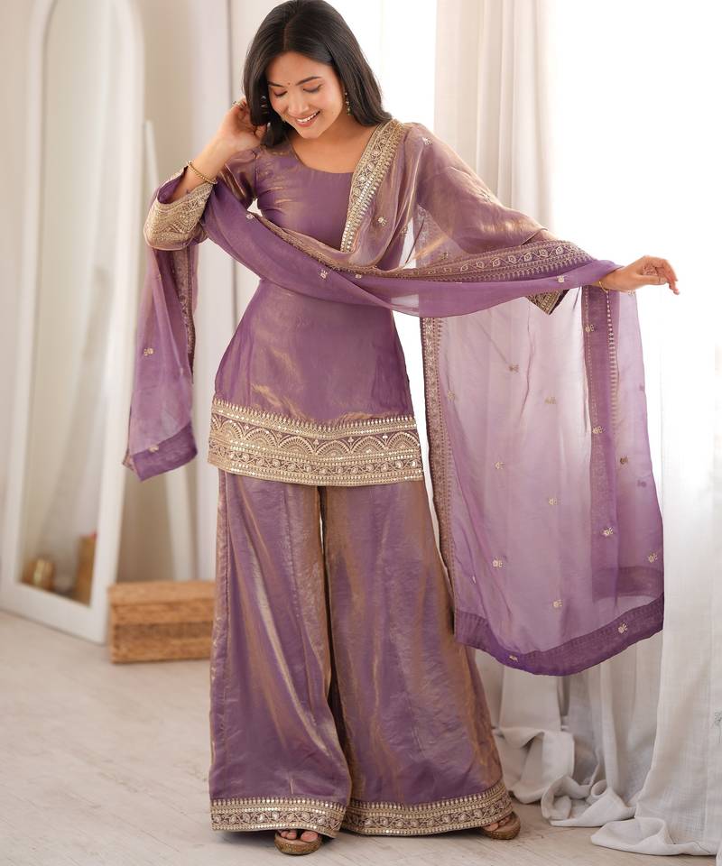 Purple chanderi silk embroidery party wear sharara suit set